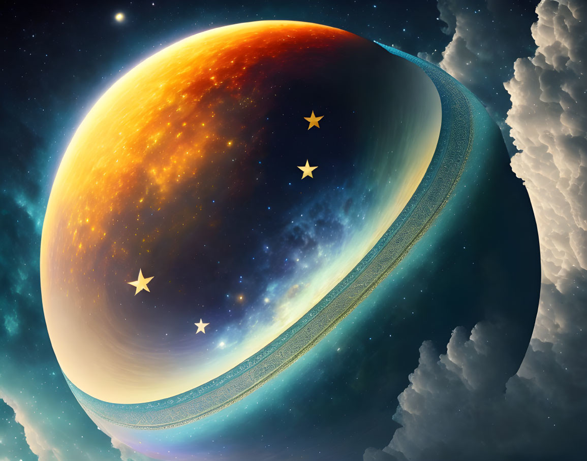 Colorful Gas Giant Planet with Rings in Starry Space Background
