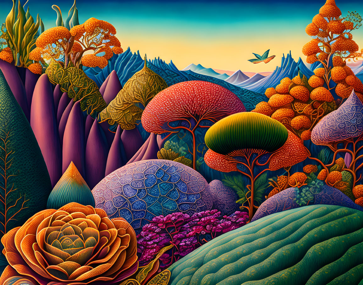 Colorful surreal landscape with unique flora, rolling hills, and twilight sky