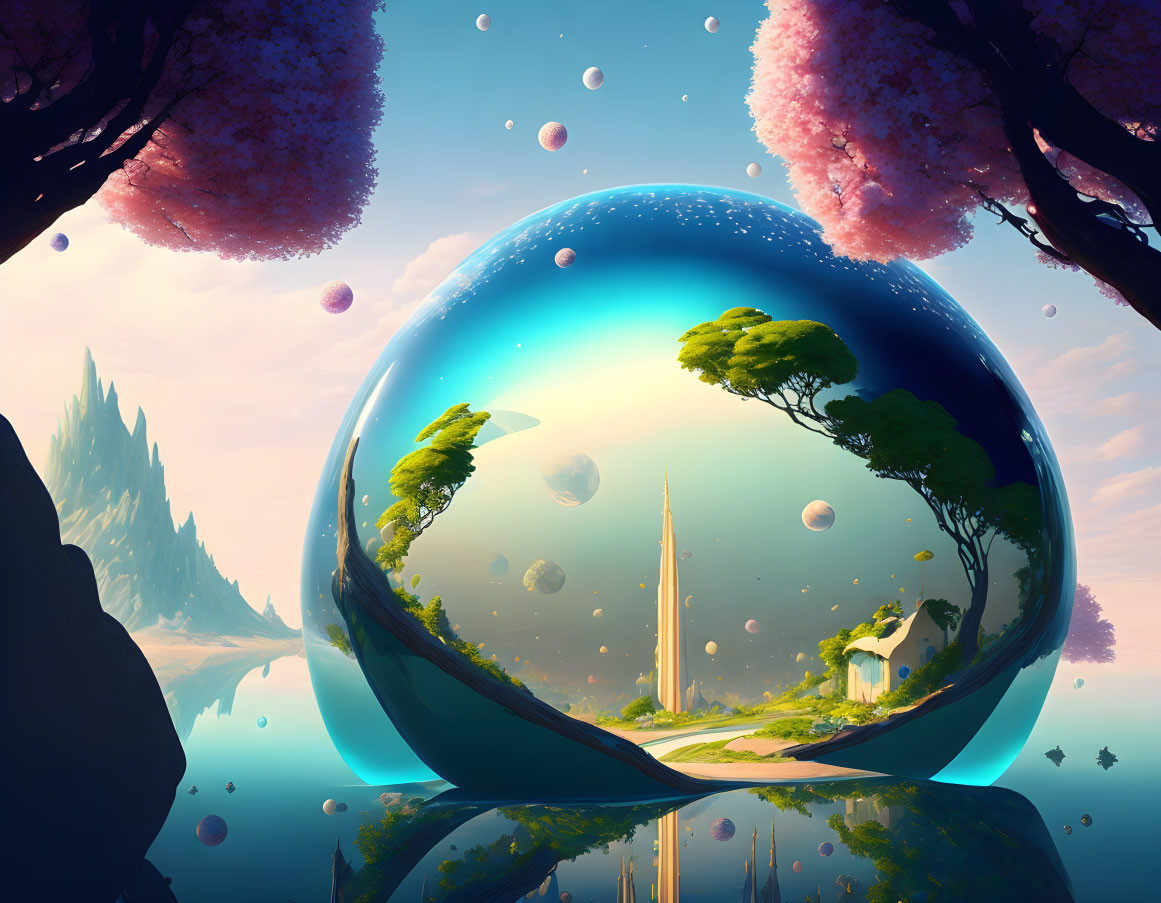 Surreal landscape with cherry blossom trees and crystal orb reflecting floating islands