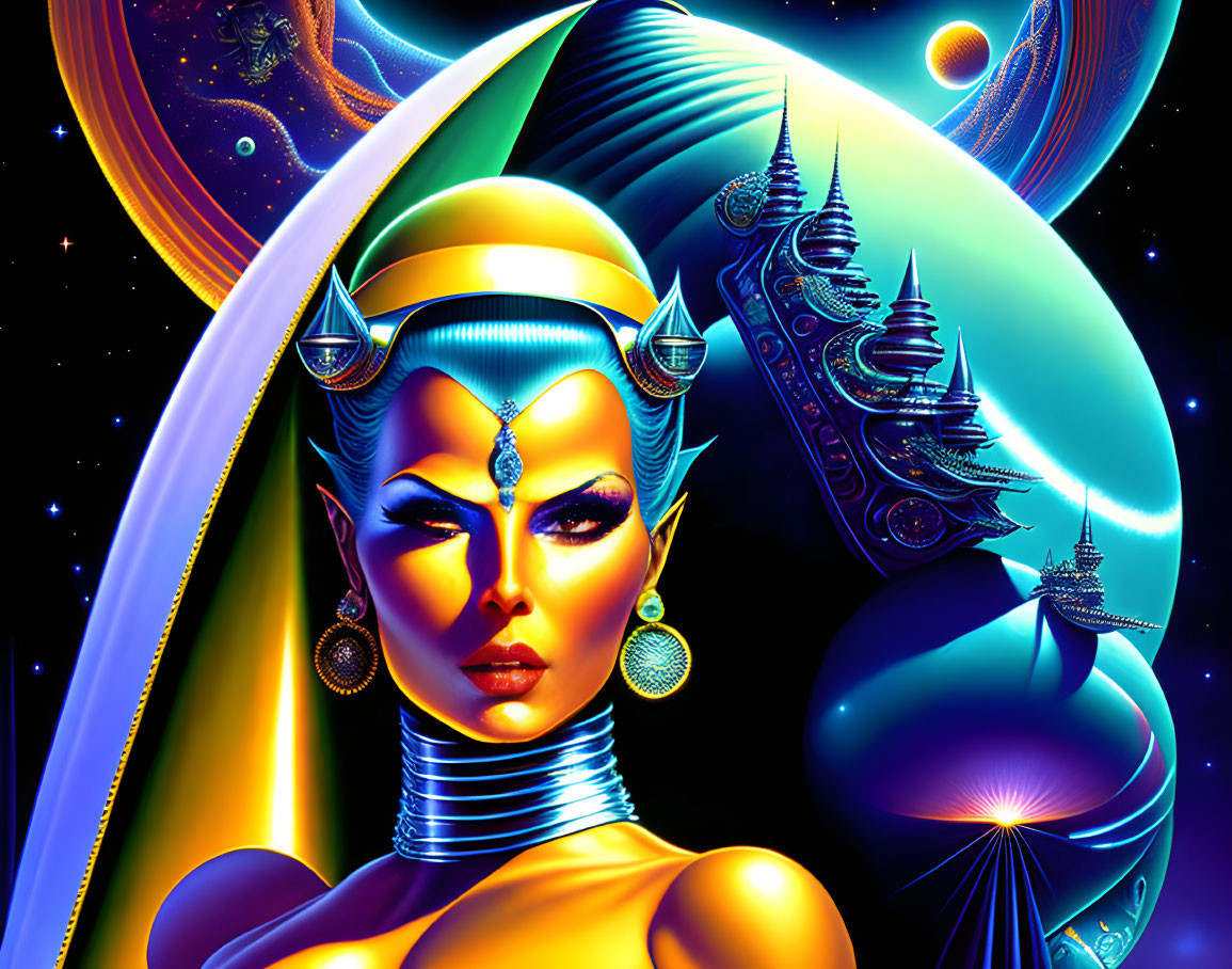 Cosmic-themed digital artwork of stylized woman with elaborate headgear and jewelry