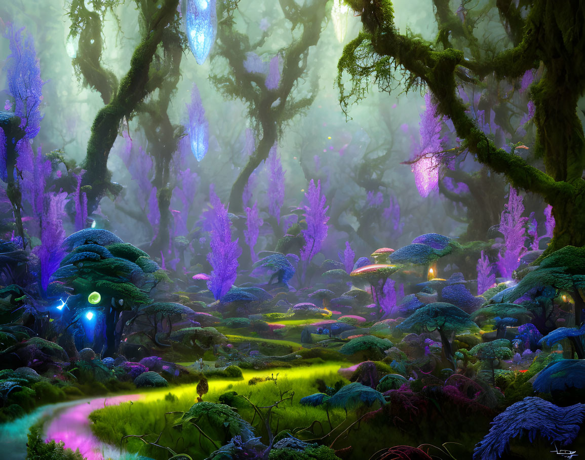 Vibrant purple and blue flora in magical forest scene