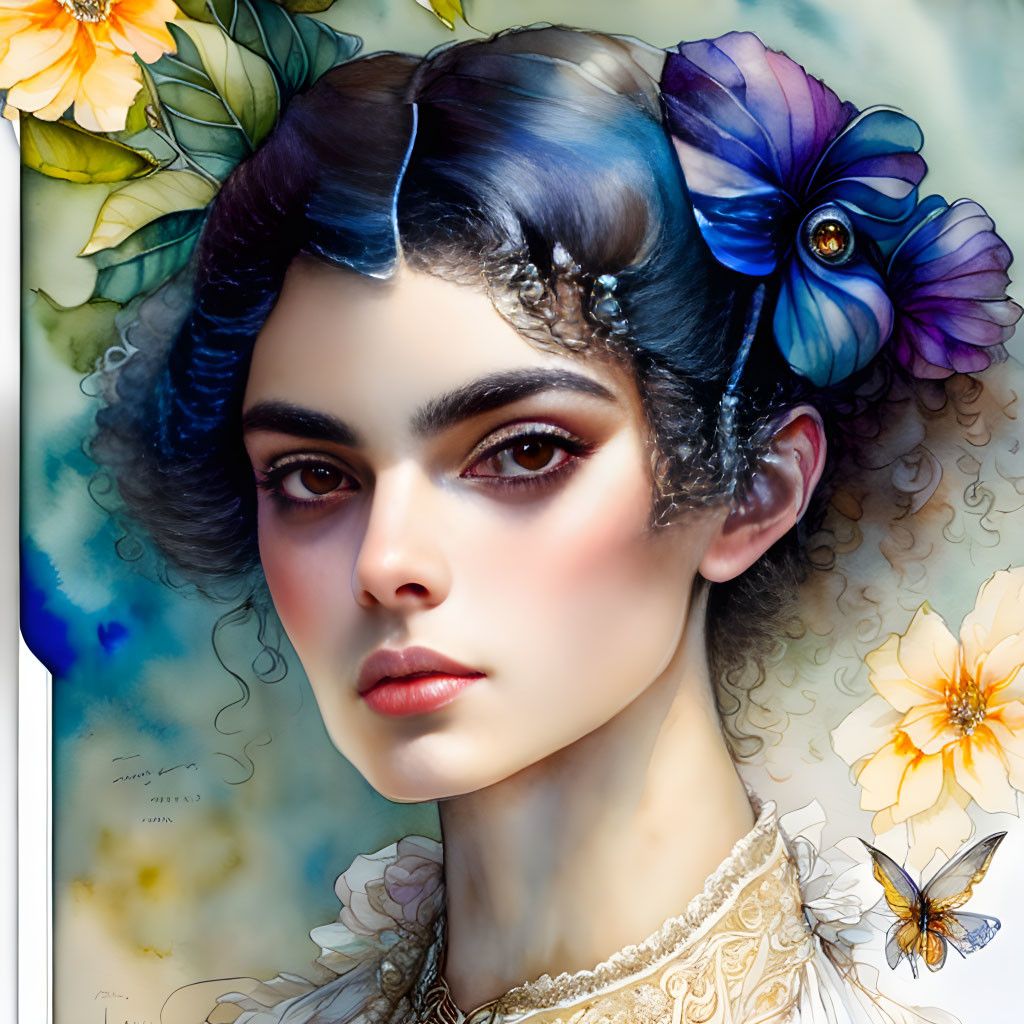 Digital painting of woman with flowers and butterfly in soft floral backdrop