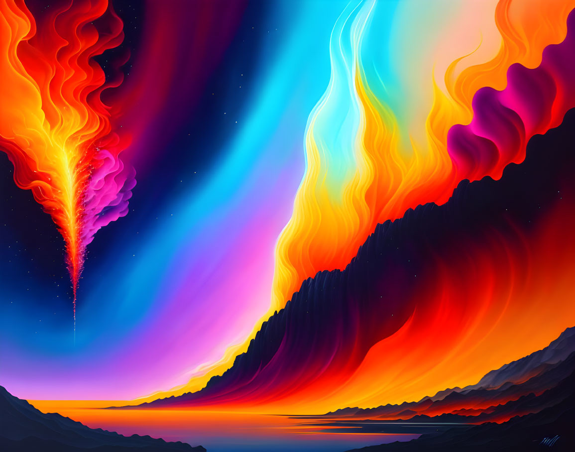 Surreal landscape with fiery sky waves and silhouetted mountains