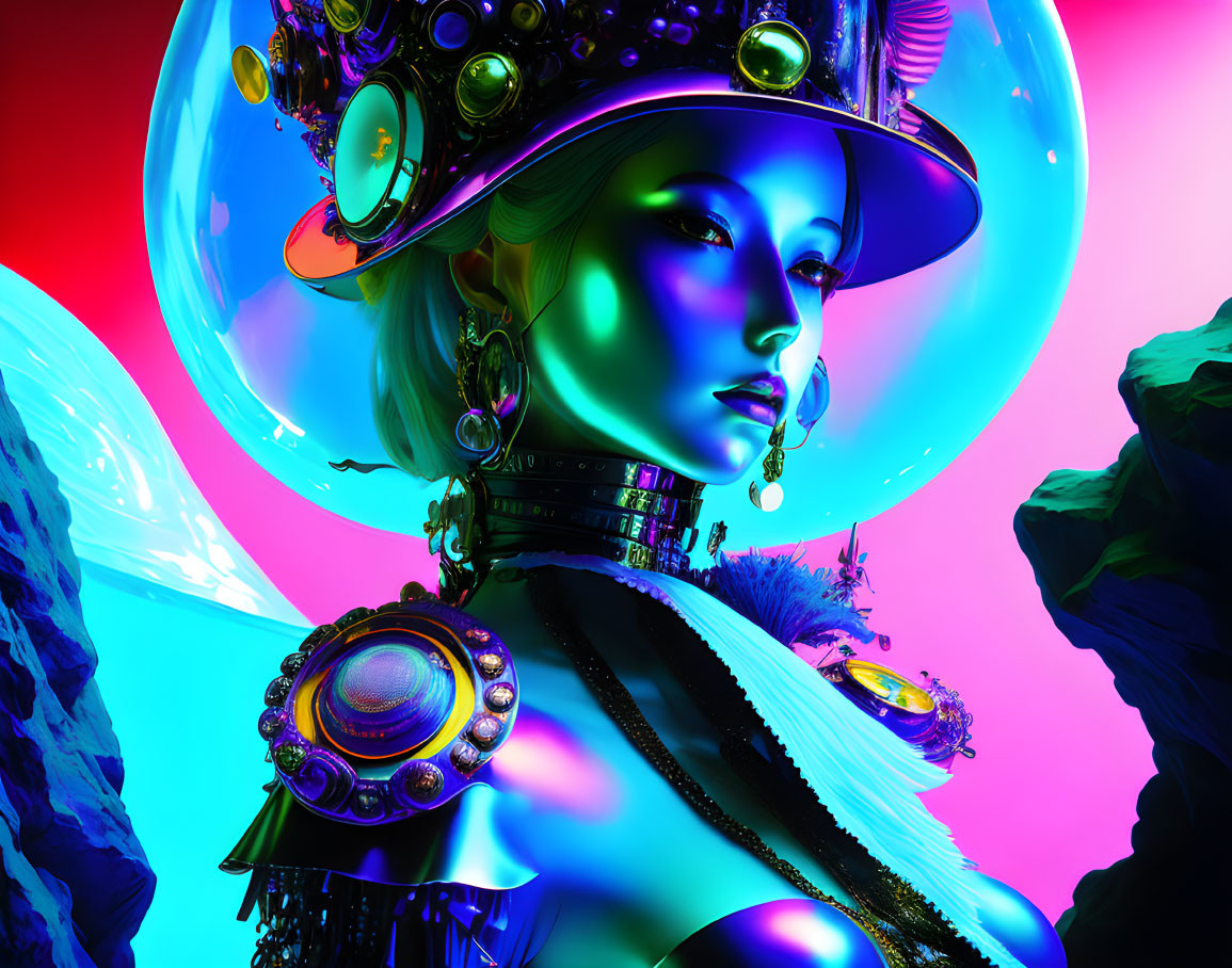 Colorful digital art of futuristic female figure with intricate hat in neon pink and blue.