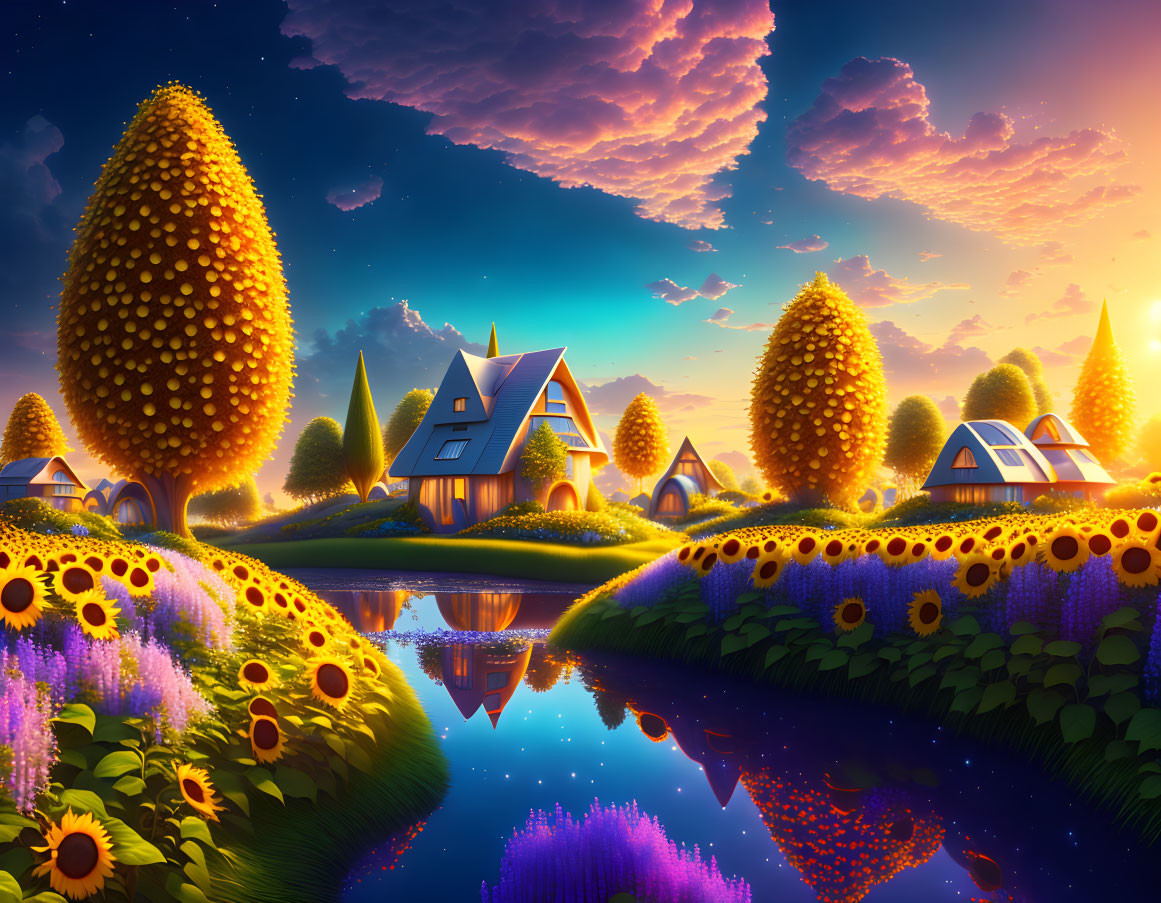 Fantasy landscape: sunset, whimsical houses, yellow trees, sunflowers, serene river