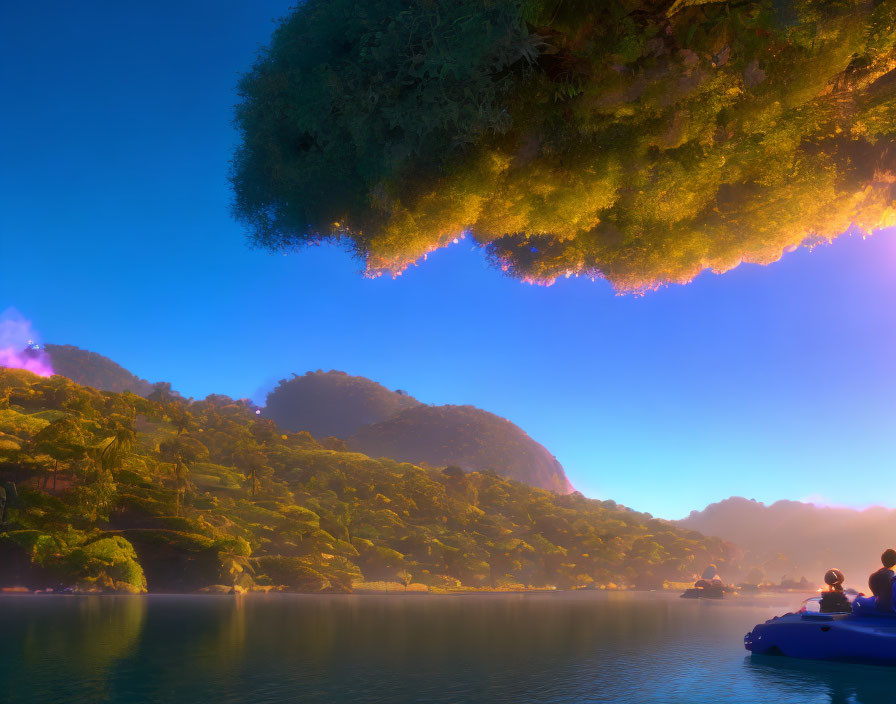 Tranquil lake scene with people on boat under overhanging tree