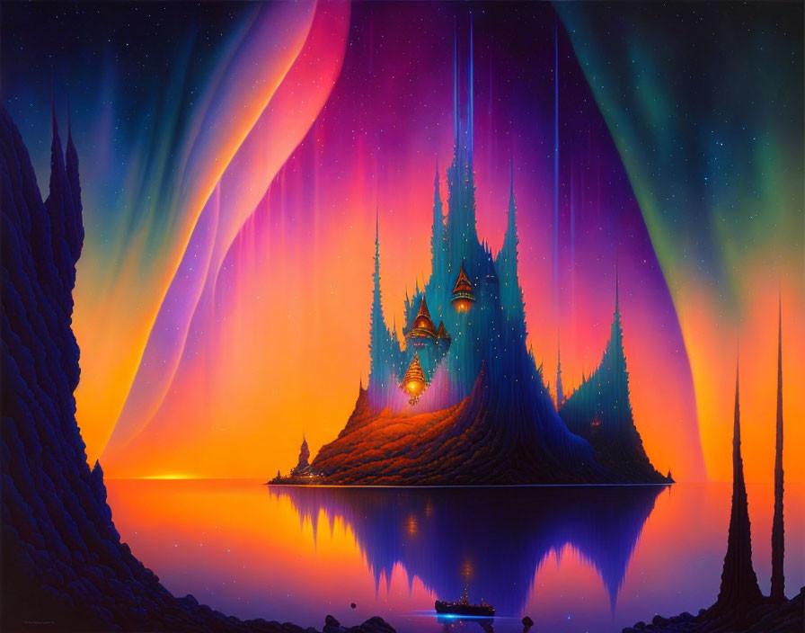 Fantasy landscape with castle on island under colorful aurora sky