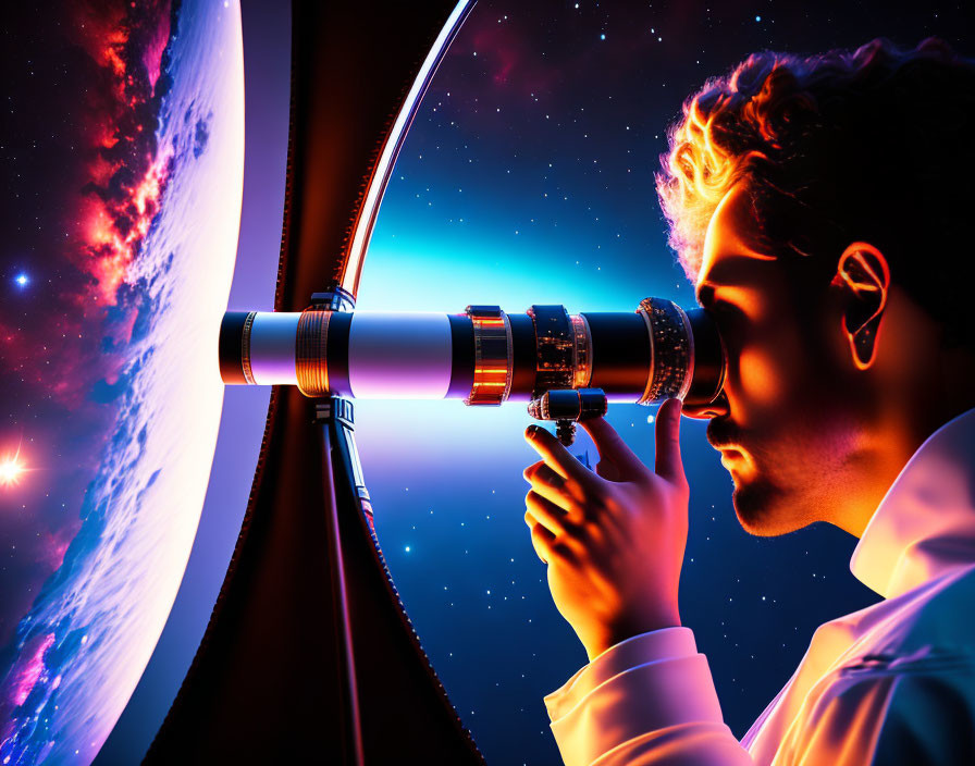 Person gazes through telescope from spacecraft window at vibrant space scene