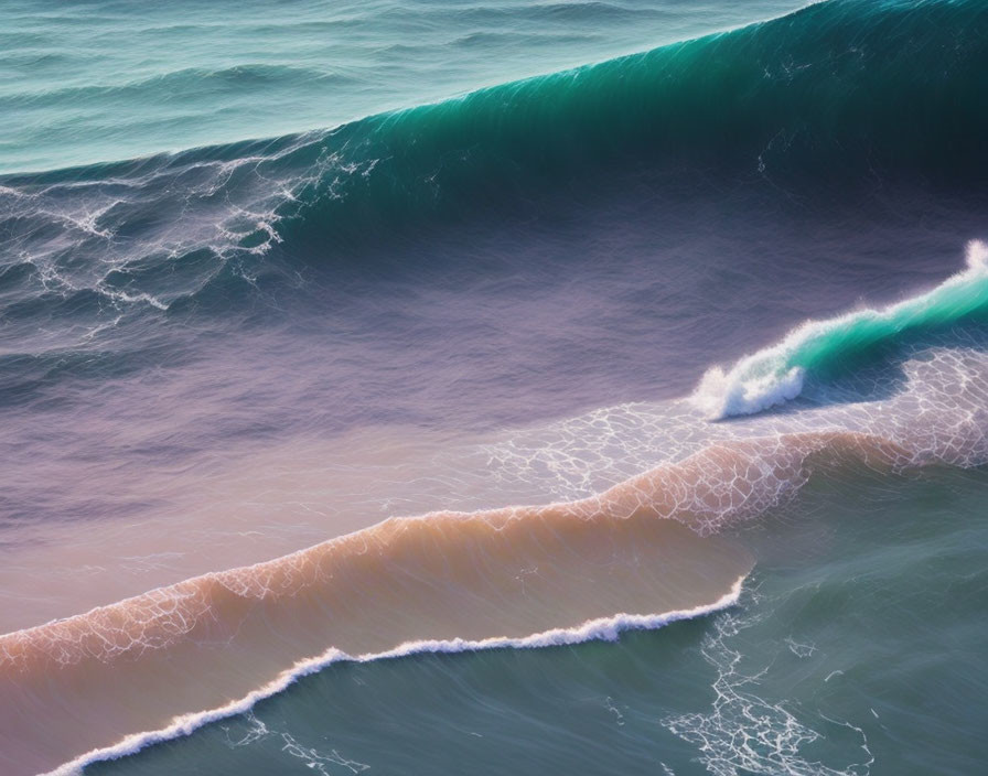 Wave cresting with foam patterns in turquoise and deep blue sea waters approaching sandy shore