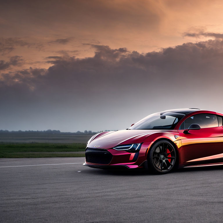 Red and Black Sports Car on Empty Runway at Sunset