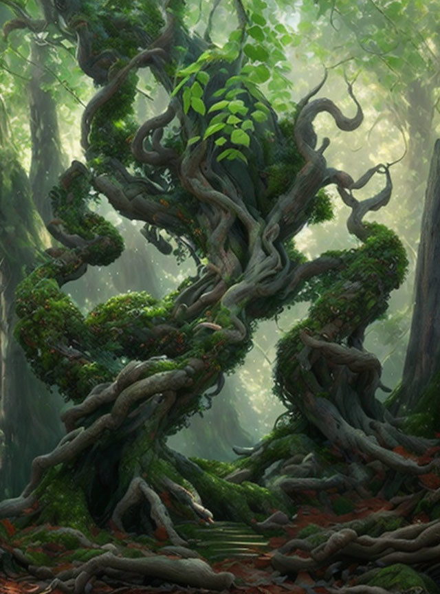 Majestic ancient twisted tree in misty forest