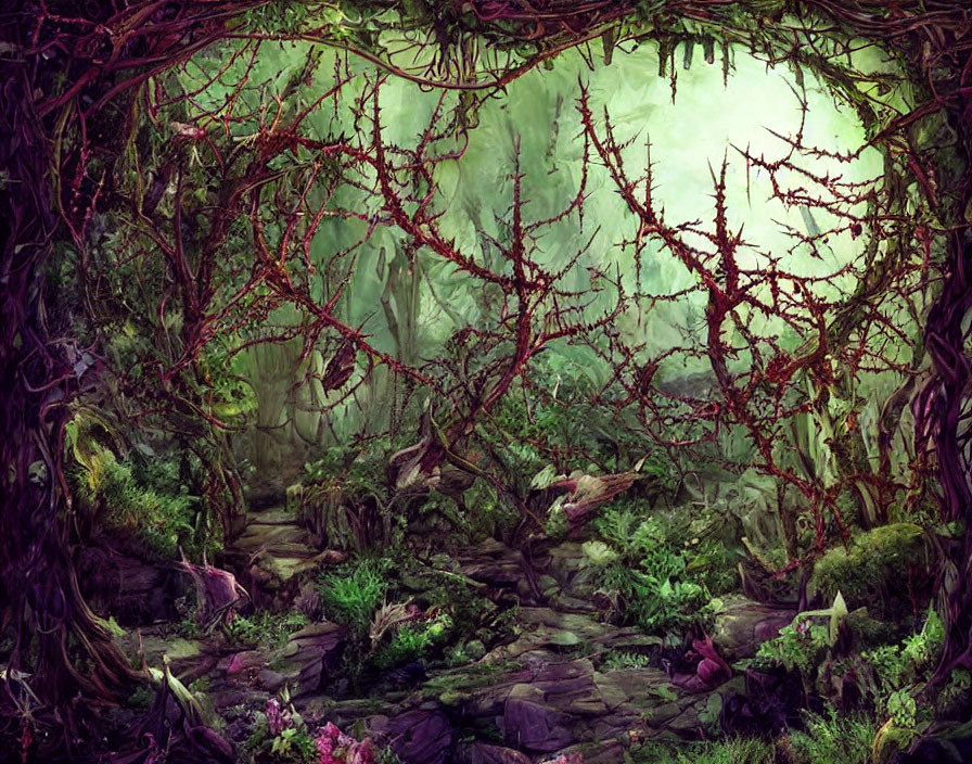 Enchanting forest scene with intertwining branches and moss-covered rocks