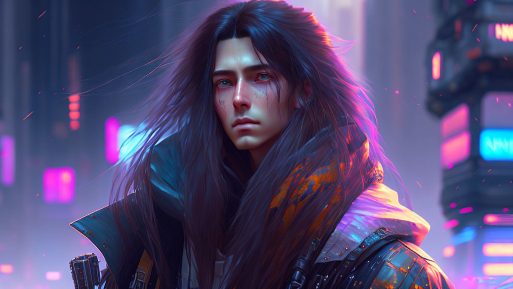 Person with long hair in futuristic jacket in neon-lit cityscape.