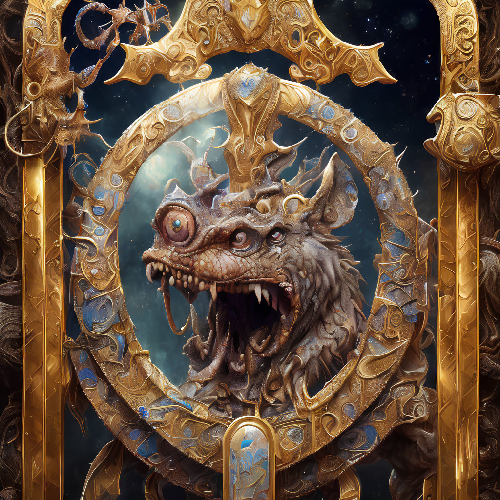 Fantastical creature with single eye and menacing teeth in ornate golden mirror