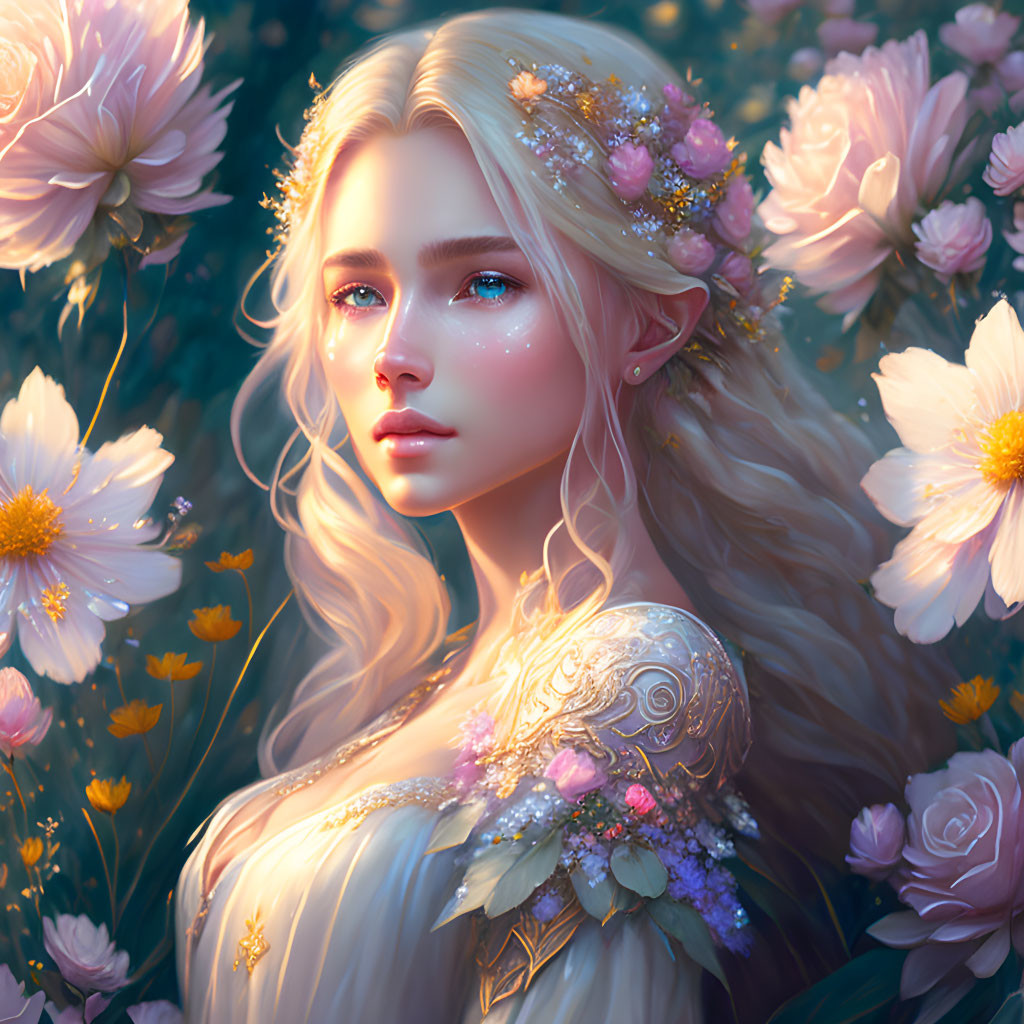 Fantasy digital art: Blonde female with luminous flowers and ornate shoulder armor