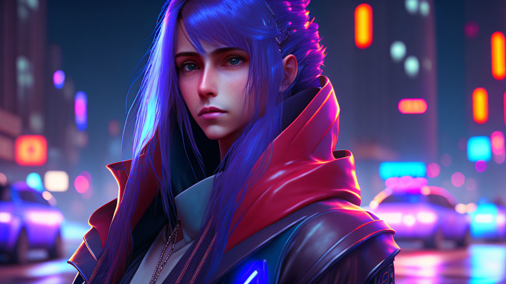 Digital Artwork: Woman with Blue Hair in Red Jacket in Neon Cityscape