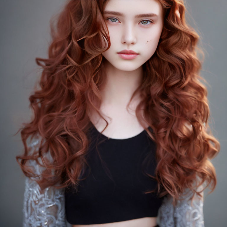 Young woman with auburn hair in black top and lace garment.