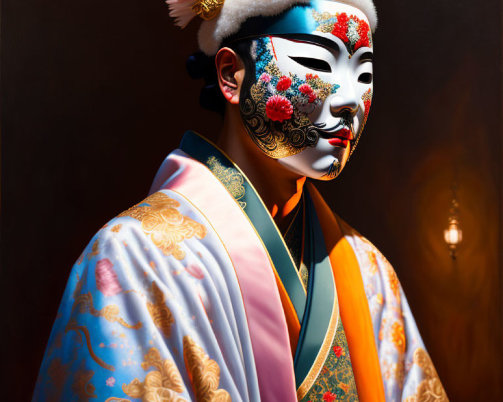 Traditional Japanese attire with floral pattern and elaborate white mask