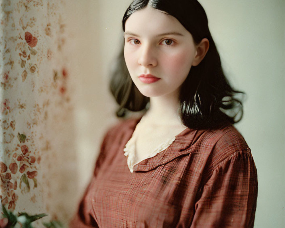 Dark-haired woman in red blouse against floral wallpaper - serene vintage look