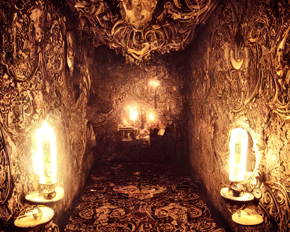 Baroque-style corridor with intricate designs and candle sconces