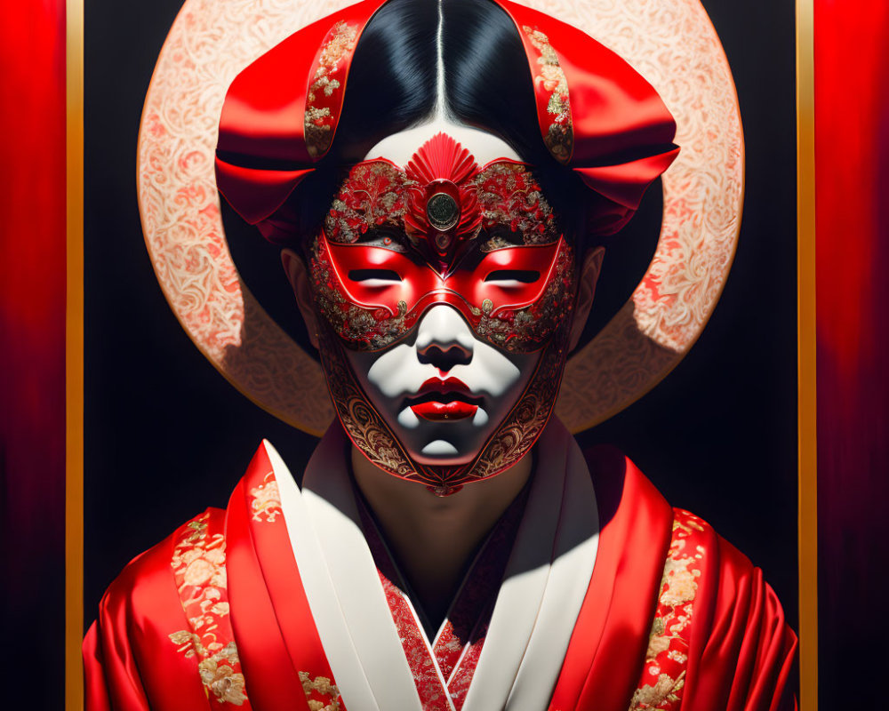 Illustrated figure in ornate red and white mask and traditional red and gold garment on glowing circular backdrop