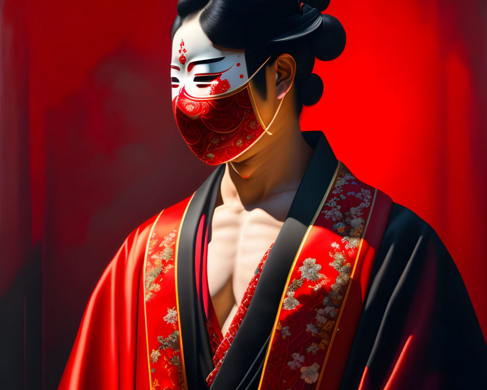 Person in Red Kimono with Floral Patterns and Decorative Mask on Red Background