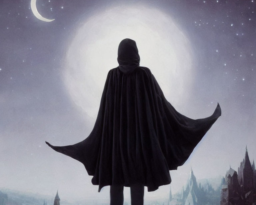 Cloaked Figure Overlooking City at Night with Two Moons