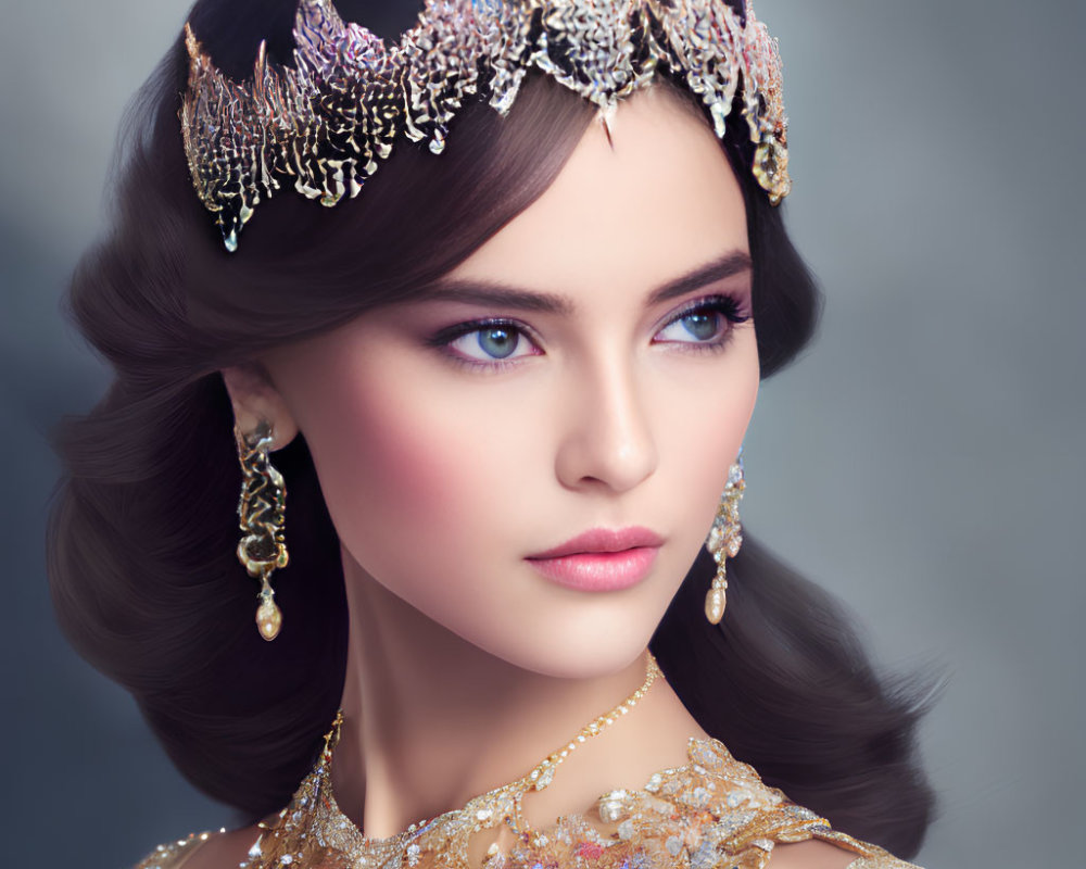 Woman in Decorative Tiara and Embellished Dress on Grey Background