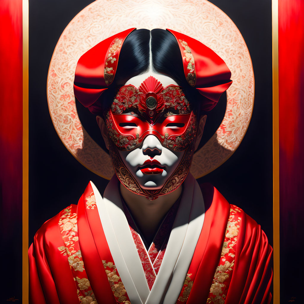 Illustrated figure in ornate red and white mask and traditional red and gold garment on glowing circular backdrop