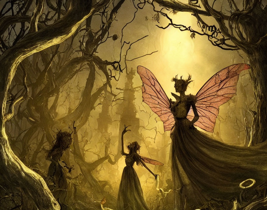 Enchanting forest with fairy-like creatures and mystical ambiance