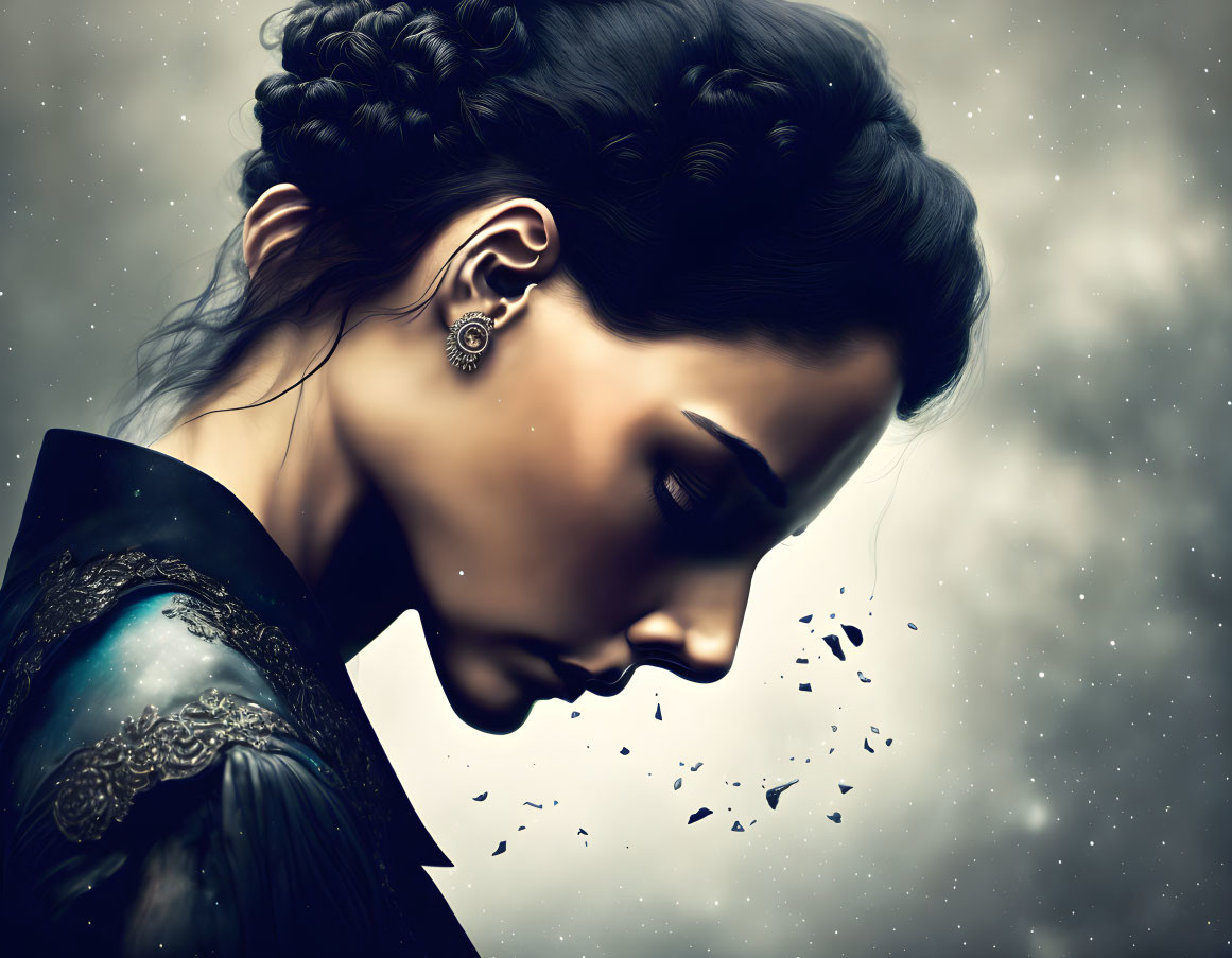 Digital artwork of woman with braided hair and earrings against starry backdrop.