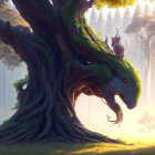 Mystical forest scene with twisted moss-covered tree and stag under sunlight