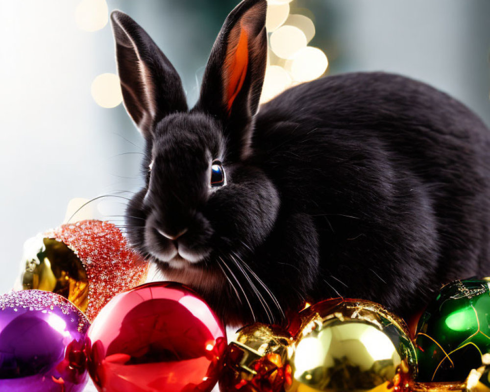 Black Rabbit Among Colorful Christmas Ornaments and Twinkling Lights