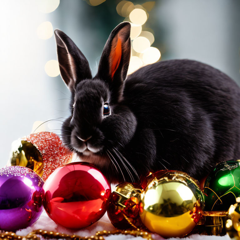 Black Rabbit Among Colorful Christmas Ornaments and Twinkling Lights