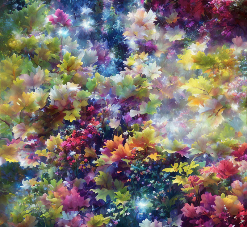 Ethereal cosmic flower scene with vibrant hues and speckles