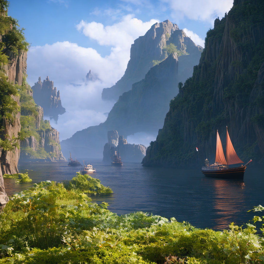 Tranquil river between cliffs with boats and lush greenery