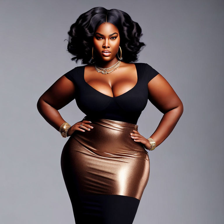 Confident woman in black top and bronze skirt with bold makeup and wavy hair poses with hands on