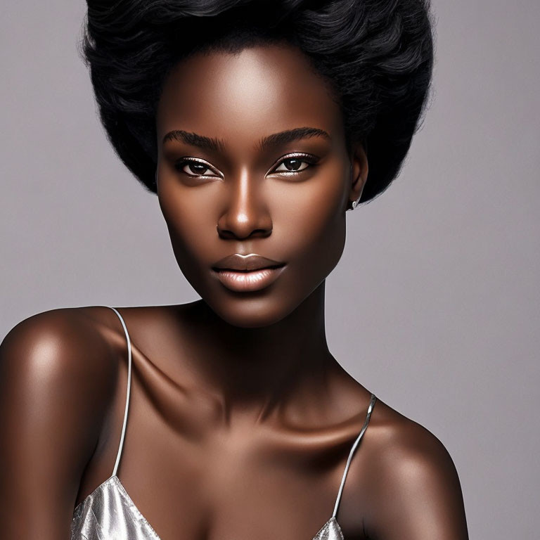 Dark-skinned woman with short hair in silver top gazes confidently.