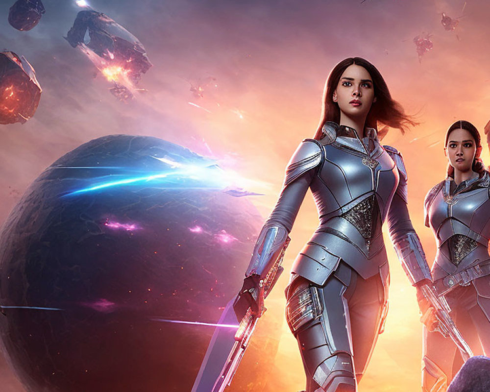 Futuristic armor-clad women with energy weapons in cosmic setting