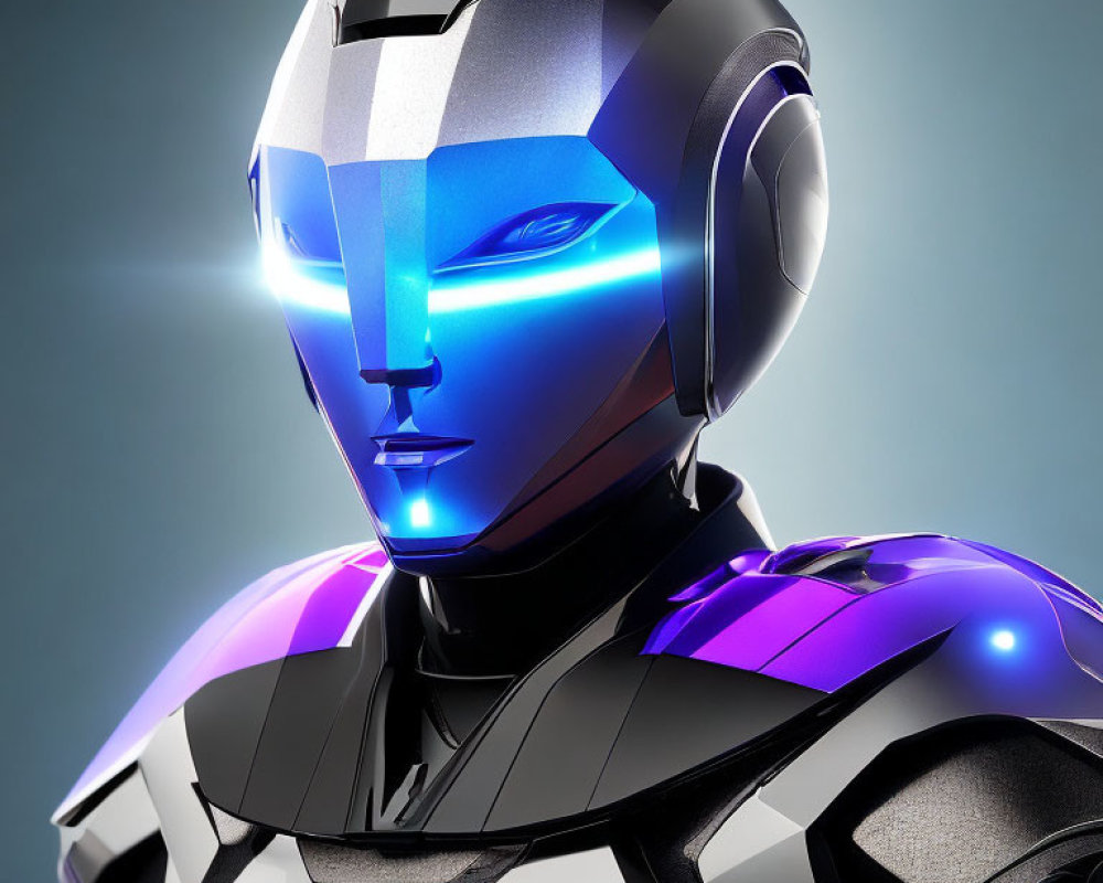 Futuristic robotic head with metallic plates and blue eyes on grey background