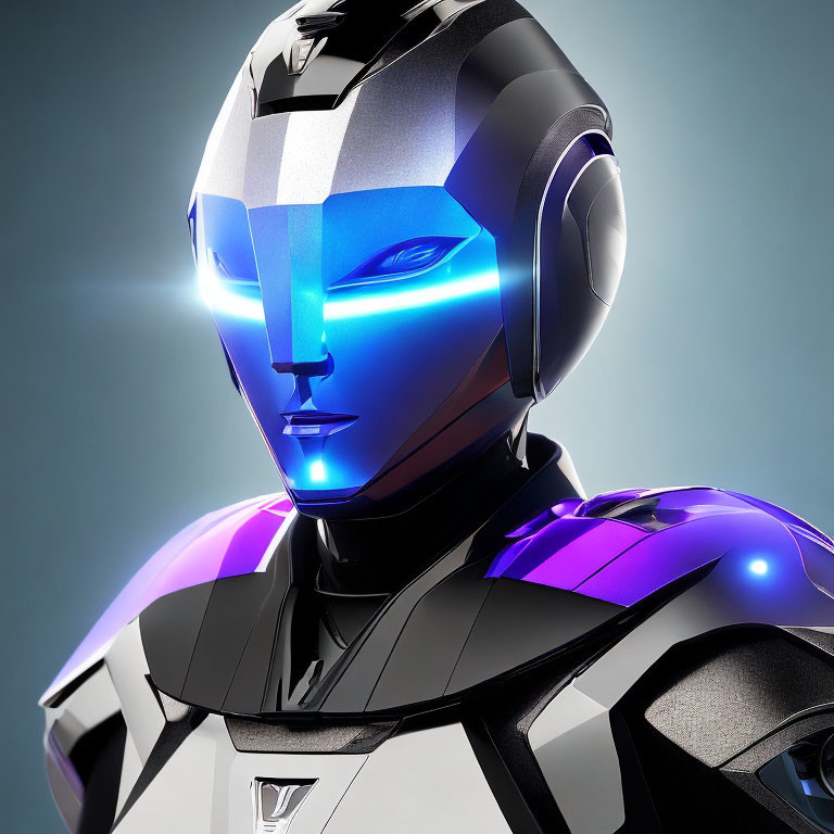 Futuristic robotic head with metallic plates and blue eyes on grey background