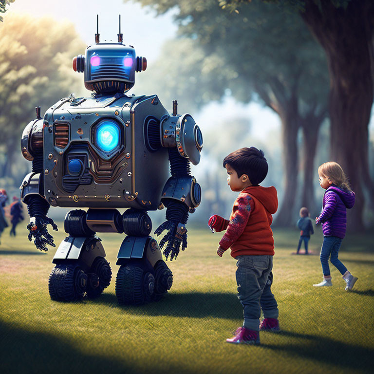 Child in red hoodie with friendly robot in park, second child playing joyfully