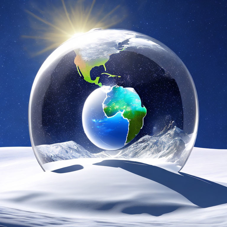 Digital artwork of Earth in transparent sphere on snowy landscape with sun glare