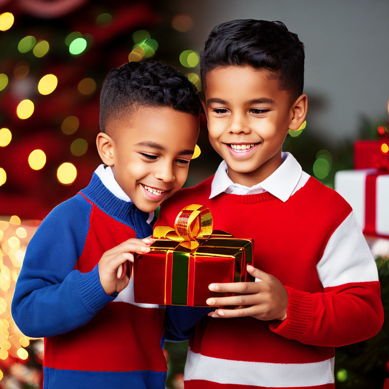 Smiling boys in festive attire sharing a gift near blurred Christmas tree