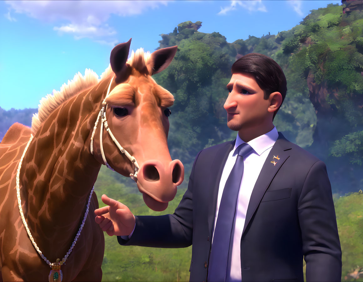 Man in suit with horse in lush greenery and blue sky landscape