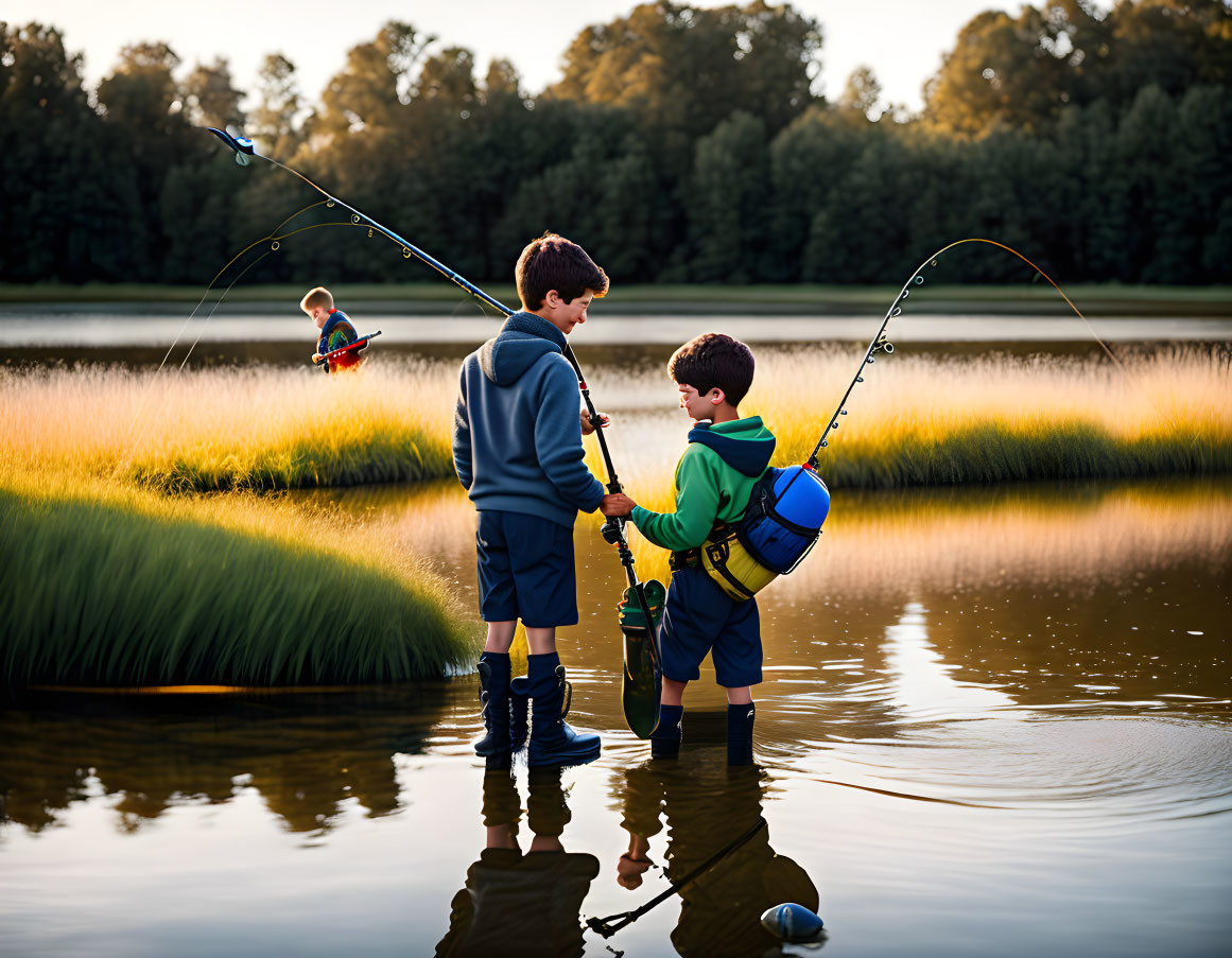 Children fishing by a lake at sunset