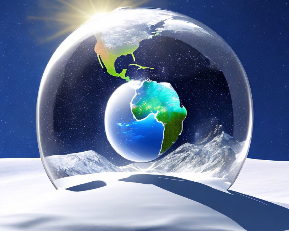 Digital artwork of Earth in transparent sphere on snowy landscape with sun glare