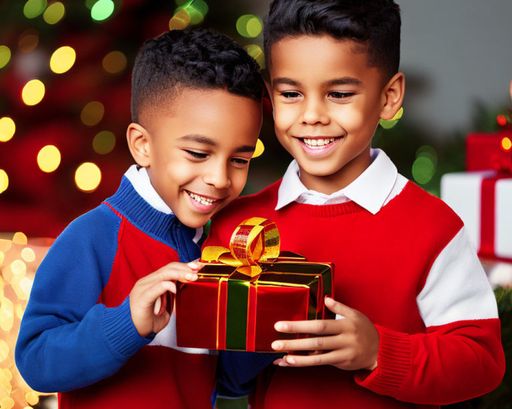 Smiling boys in festive attire sharing a gift near blurred Christmas tree