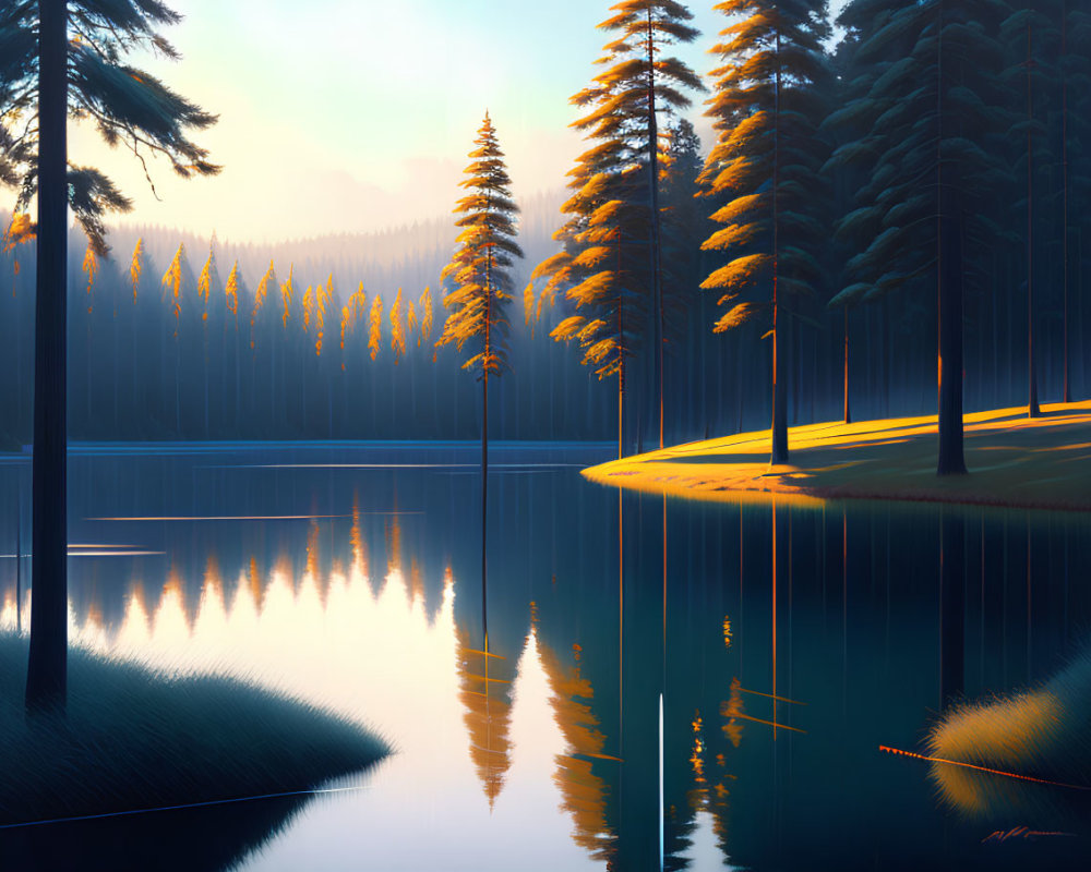 Tranquil forest scene with tall pine trees and reflective lake at sunrise or sunset