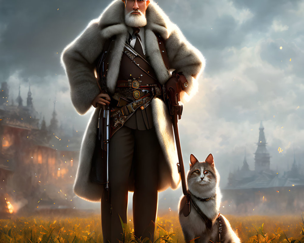 Bearded man in fur coat with cane and dog in fantasy sunset landscape